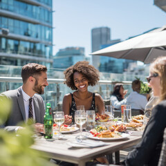  Diverse Colleagues Sharing Lunch Break on Rooftop Terrace