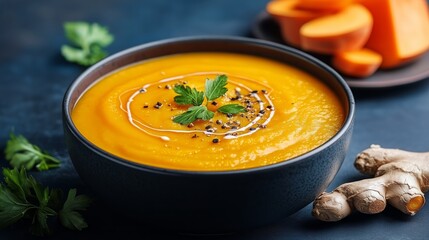 Creamy Carrot and Ginger Soup Garnished With Fresh Parsley and Seeds in a Rustic Bowl.