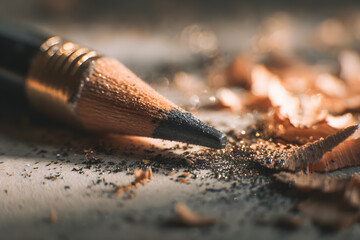Closeup of sharpened pencil with wood shavings on surface  