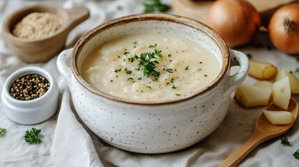 Creamy Potato Soup Garnished With Fresh Herbs and Served in a Rustic Bowl.