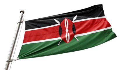 The kenyan flag flutters proudly in the wind isolated on transparent background