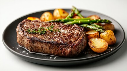 Grilled steak served with roasted potatoes and asparagus on a black plate