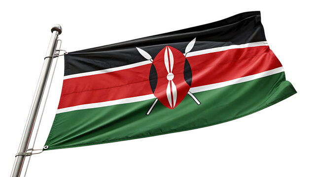 The kenyan flag flutters proudly in the wind isolated on transparent background