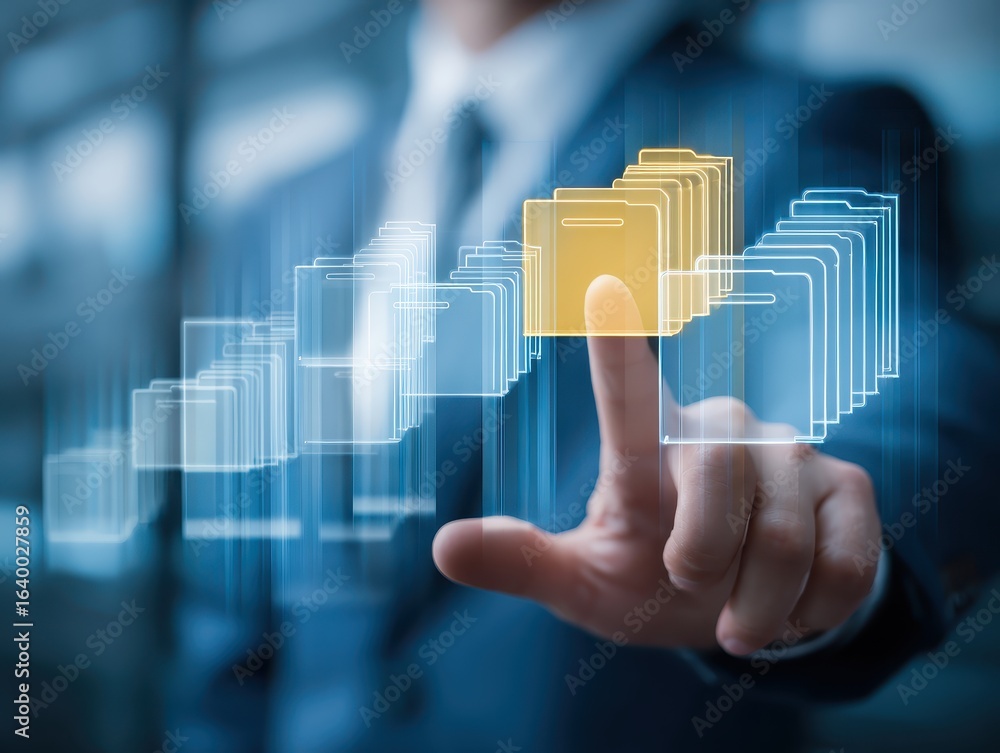 Poster business files and folders storing in document management system dms server. businessman touching fi