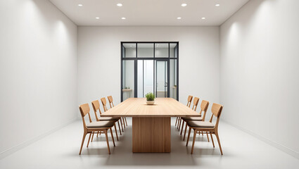 Small Minimalist Conference Room With Light Wood Table And Streamlined Wooden Chair Design