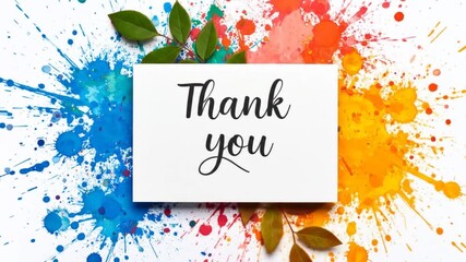 Thank you" card amidst colorful paint splashes and foliage on white backdrop - Powered by Adobe