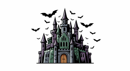 Fototapeta premium Enigmatic Gothic Castle with Bats, Dark Stone, Pointed Towers, and Wooden Door