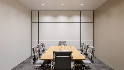 Modern Conference Room With Light Oak Table White Grid Dry Erase Board And Grey Fabric Chairs