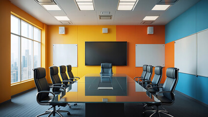 Modern Conference Room With Vibrant Color Block Walls Glass Table And Black Leather Office Chairs