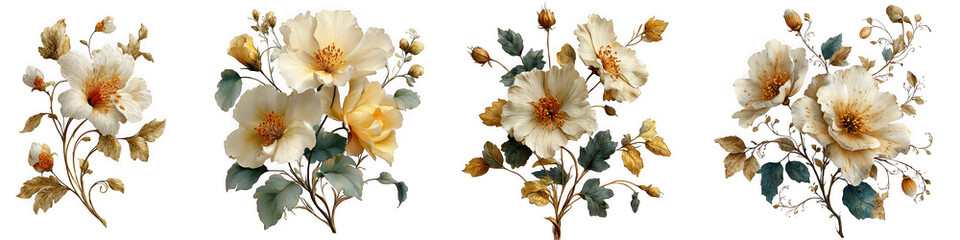 Four clusters of delicate vintage style white and yellow flowers with green leaves isolated on transparent background