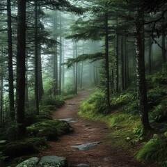 Obraz premium Misty Forest Trail. Serene, Moody Path Through Lush Evergreen Woods
