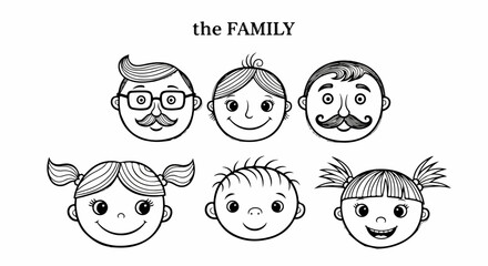 Six Happy Cartoon Family Faces: Father, Mother, Two Daughters, and Son