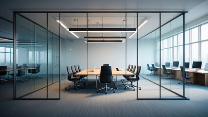 Sleek Open Concept Conference Room With Glass Dividers And Adjacent Shared Workspace Tables