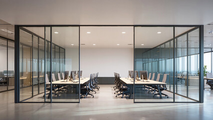Modern Open Concept Conference Room With Glass Dividers White Tables And Grey Ergonomic Chairs