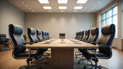 Corporate Conference Room With Wooden Table Premium Black Leather Chairs And Chrome Frames