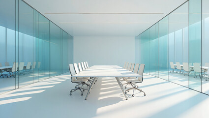 Minimalist Glass Conference Room With White Table Metallic Legs And White Ergonomic Chair Design