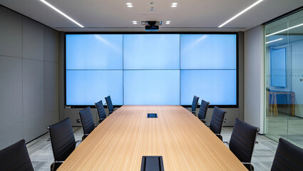 Sleek Modern Conference Room With Large Video Wall Wooden Table And Black Ergonomic Chairs