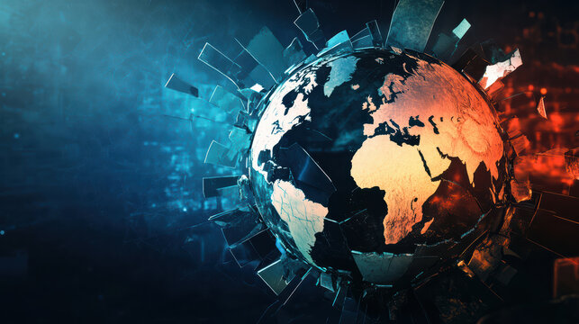 Broken globe symbolizes global issues, with highlighted areas representing tariffs and sanctions. image evokes sense of urgency and concern about international relations and trade