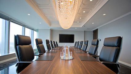 High End Modern Conference Room With Crystal Chandelier Black Marble Floor And Wooden Table
