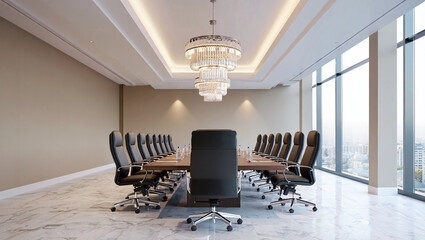 High End Conference Room With Multi Tier Crystal Chandelier And Polished White Marble Flooring