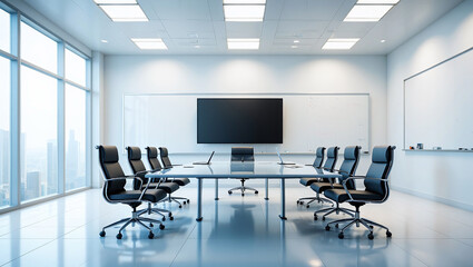 Professional Meeting Room With Polished Glass Table And Black Leather Chairs Chrome Frame Design