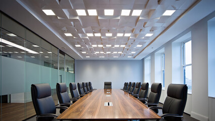 Modern Boardroom With Wooden Table Black Leather Chairs And Geometric LED Light Panel Ceiling