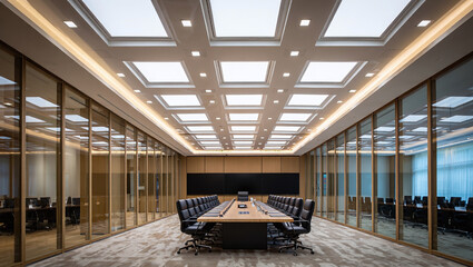 Large Corporate Boardroom With Coffered Ceiling LED Grid And Floor To Ceiling Glass Partitions