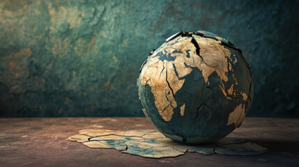 Cracked globe symbolizing global issues, featuring detailed continents and textured surface, evokes sense of concern about environmental challenges and geopolitical tensions