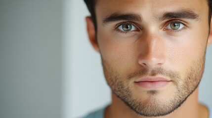 Fototapeta premium Intense close-up of a bearded man with vibrant blue eyes, showcasing captivating features and strong expression.