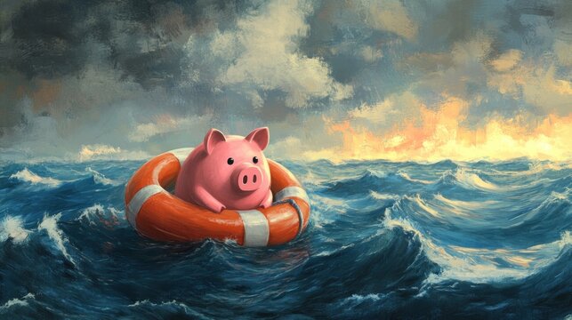 A piggy bank floats on a lifebuoy in turbulent waters under a dramatic sky.