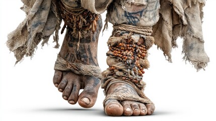 Tano shaman dancer performing in ceremonial attire on a white background