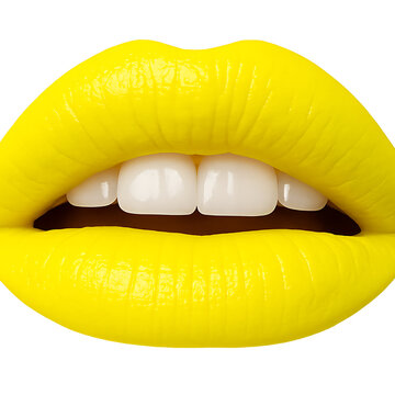 Glossy yellow lips with white teeth in close up beauty concept isolated on transparent background
