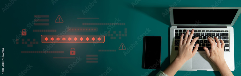 Poster password security breach warning with red asterisk box, cybersecurity alert, lock icons, and critica