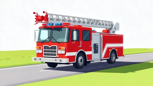 Red fire truck driving on the highway, fire department rushing to put out the fire, cartoon vector style