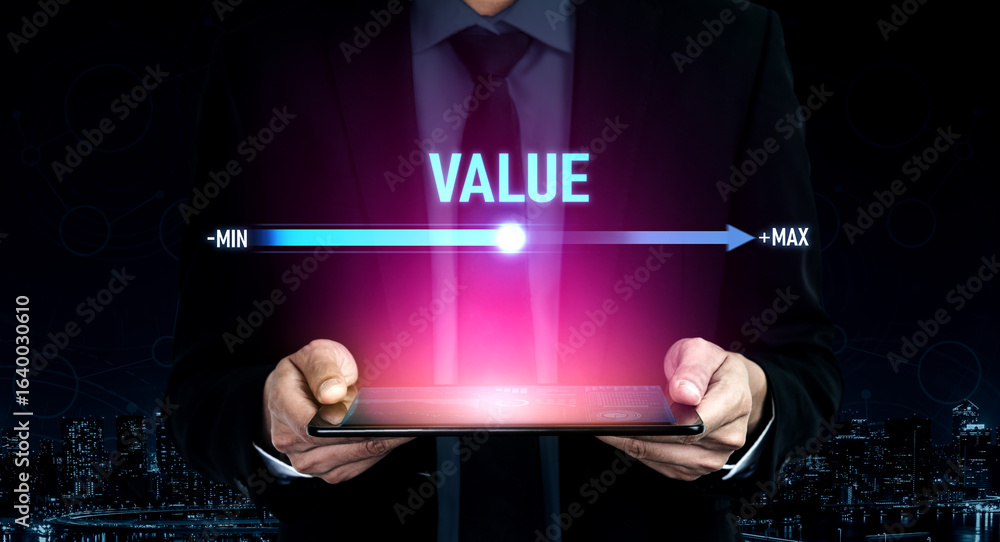 Aufkleber value measurement and adjustment concept showing value, performance, and optimization level with foc