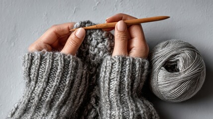 Hands darning a wool sweater elbow patch with matching grey yarn on a white background