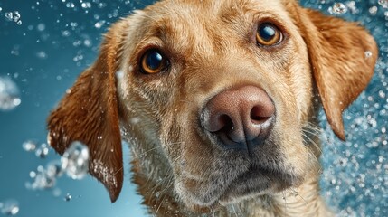 Golden Labrador retriever swimming with chlorine molecule symbolizing allergy