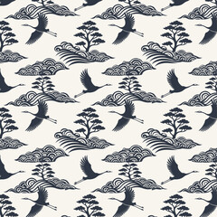 Seamless Japanese crane pattern with pine trees and waves