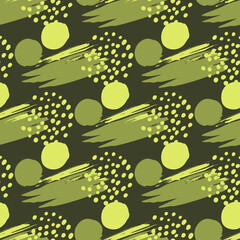 Seamless abstract pattern with teal brush strokes and yellow dots