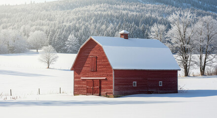 A red barn stands in a snow covered field with frosted trees and a mountain in the distance