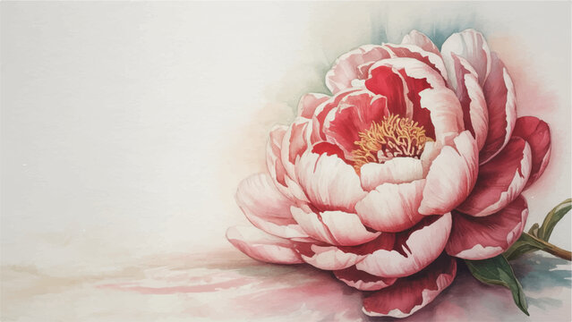 Watercolor peony floral background template, Elegant watercolor flower design, Romantic pink and white floral art, vintage hand-drawn template