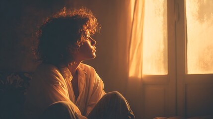 Woman sitting by window with soft morning light, lost in thought