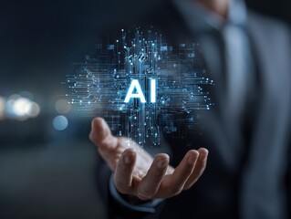 Business man holding Artificial Intelligence (AI) in the futuristic business and coding software development on interface network connection. Digital data technology design for computer brain