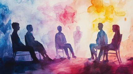 Abstract watercolor depicting a group discussion in a supportive environment.