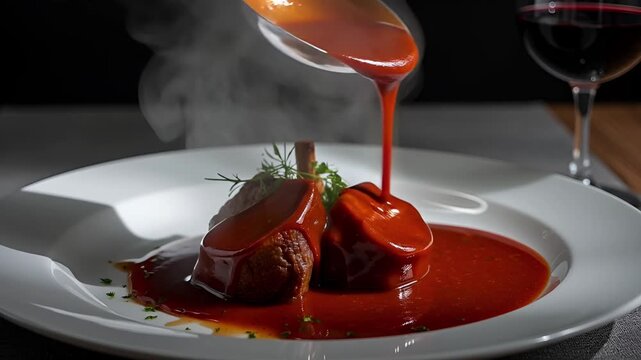 slow-motion of rich sauce being spooned over Osso Buco, glistening in soft spotlight, steam curling upward, background blurred for cinematic focus