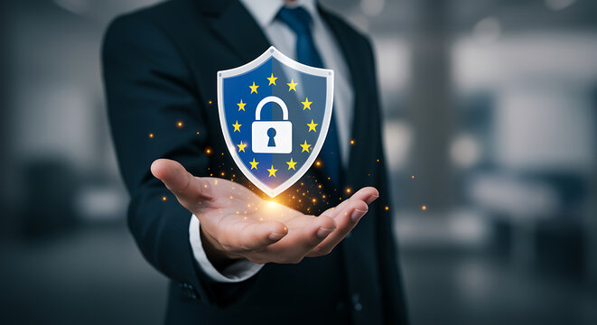 A businessman holds a shield with eu stars and a lock, representing gdpr, data protection, and cybersecurity in a connected digital network system