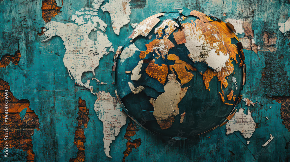 Aufkleber fragmented globe with textured surface, showcasing continents in earthy tones against distressed bac