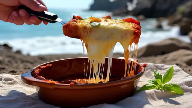  Slow-motion video of a hand carefully scooping the first steaming portion of Parmigiana onto a plate, melted cheese stretching, seagulls calling in the distance, waves softly crashing