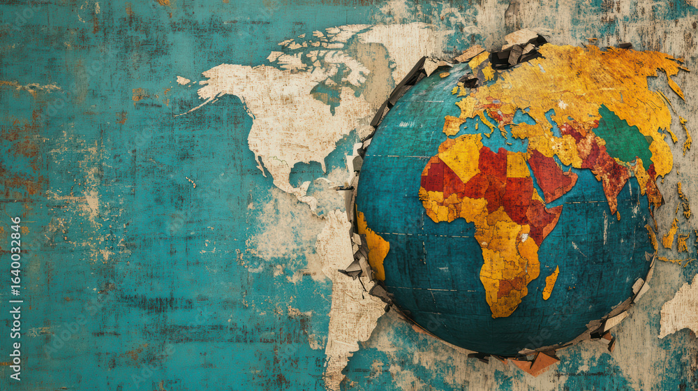 Aufkleber fragmented globe with vibrant colors representing continents, showcasing textured background that ad