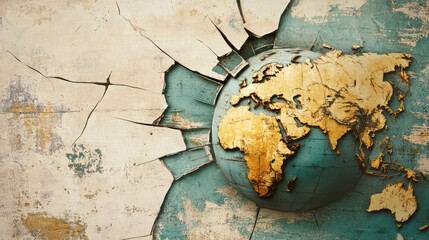 Fragmented globe with cracked surface symbolizes global issues and challenges. golden continents contrast with distressed background, evoking sense of urgency and concern